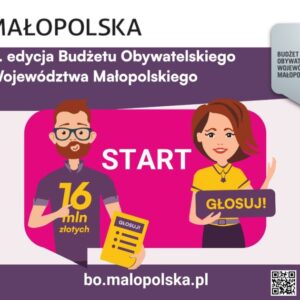 Plakat informacyjny, mężczyzna i kobieta na różowym tle