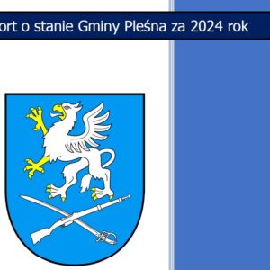 Fragment okładki raportu o stanie Gminy Pleśna za 2024 rok z herbem gminy