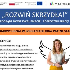 Grafika informacyjna, uśmiechnięta kobieta z dorysowanymi skrzydłami