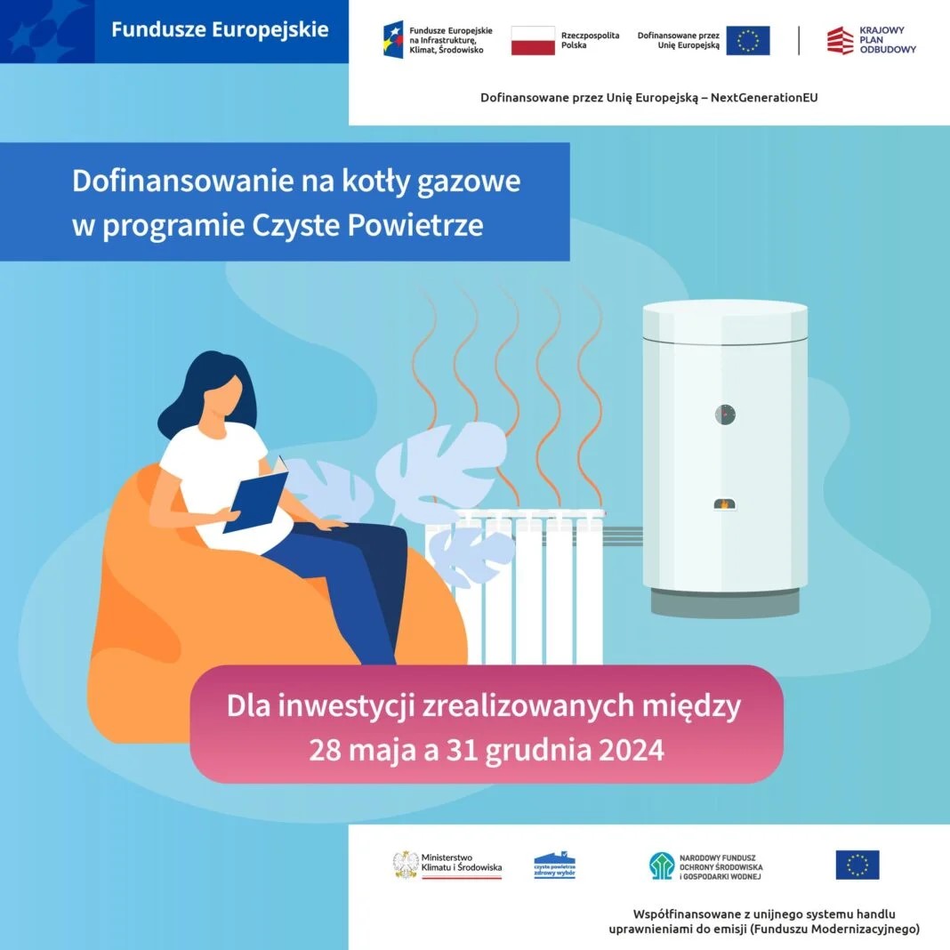 Kobieta siedzi na pomarańczowym fotelu czytając książkę, obok kaloryfer i kocioł gazowy