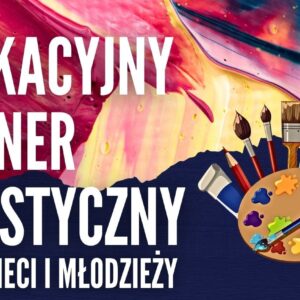 Napis "Wakacyjny Plener Malarski" na tle złożonym z abstrakcji. Po prawej paleta malarska z pędzlami.