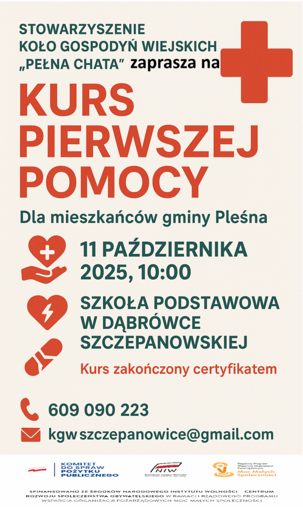 Plakat Kursu Pierwszej Pomocy. Szczegóły w artykule.