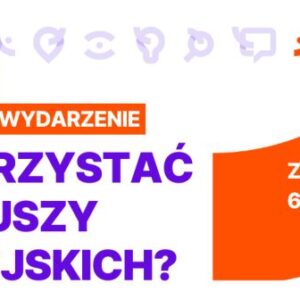Grafika informacyjna, fioletowy tekst, elementy pomarańczowe z białym tekstem w środku