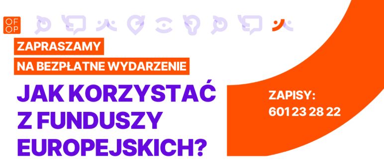 Grafika informacyjna, fioletowy tekst, elementy pomarańczowe z białym tekstem w środku