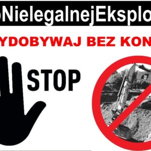 Czarny odcisk dłoni z napisem STOP, obok przekreślona koparka
