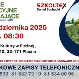 Plakat informacyjny, z prawej traktor wykonujący oprysk upraw