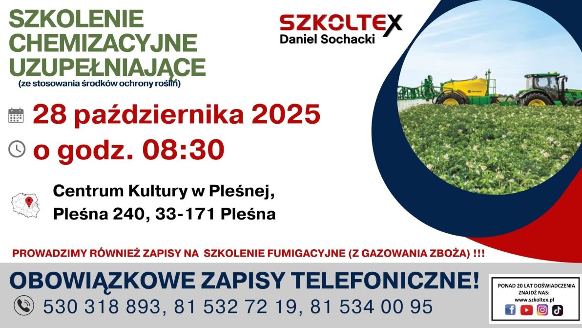 Plakat informacyjny, z prawej traktor wykonujący oprysk upraw