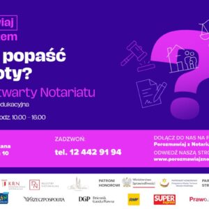 Fioletowo-różowa grafika promocyjna z dużym znakiem pytajnika