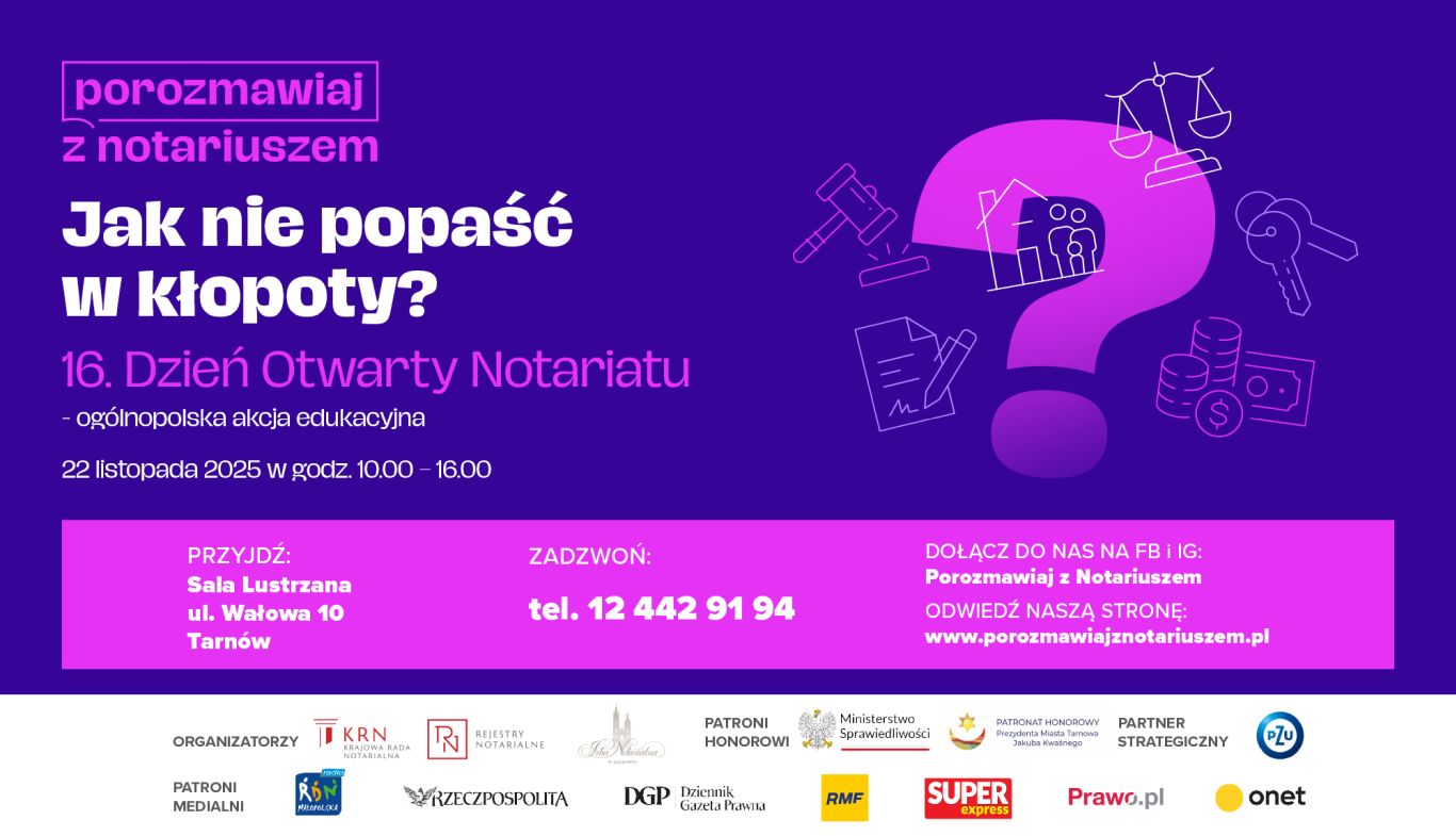 Fioletowo-różowa grafika promocyjna z dużym znakiem pytajnika