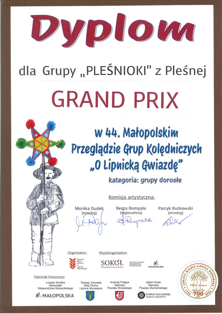 Dyplom za GRAND PRIX dla Grupy Kolędniczej "Pleśnioki"