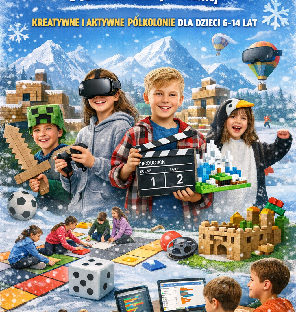 Plakat Intensywnych ferii w Centrum Kultury w Pleśnej. Szczegóły w artykule,