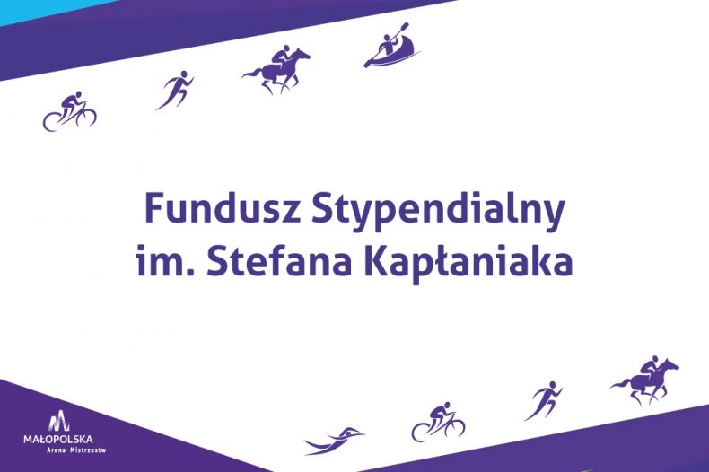 Na środku fioletowy napis "Fundusz Stypendialny im. Stefana Kapłaniaka"