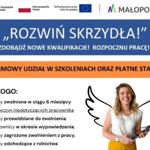 Grafika informacyjna, uśmiechnięta kobieta z dorysowanymi skrzydłami