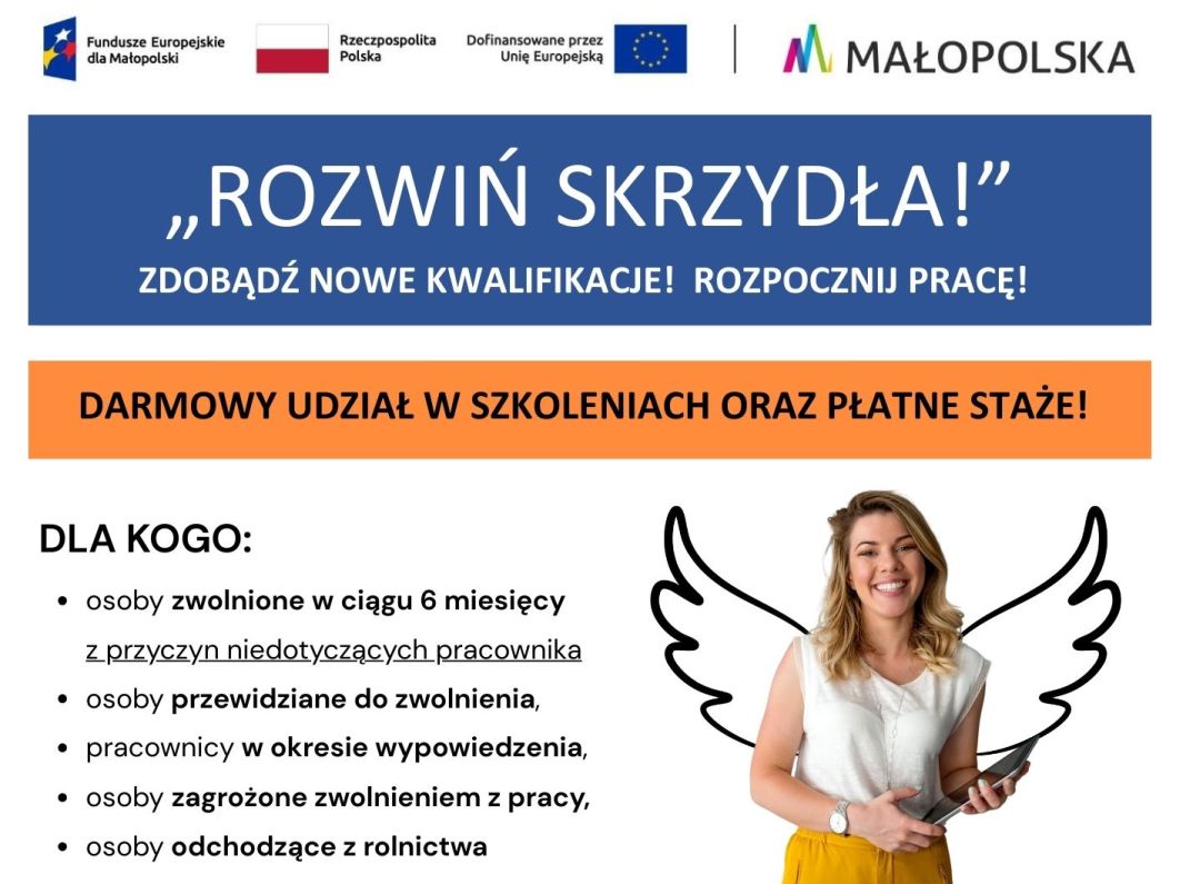 Grafika informacyjna, uśmiechnięta kobieta z dorysowanymi skrzydłami