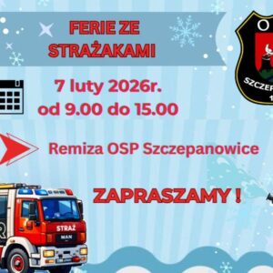 Grafika informacyjna, u góry herb OSP Szczepanowice, na dole bojowy wóz strażacki i strażak trzymający wąż gaśniczy