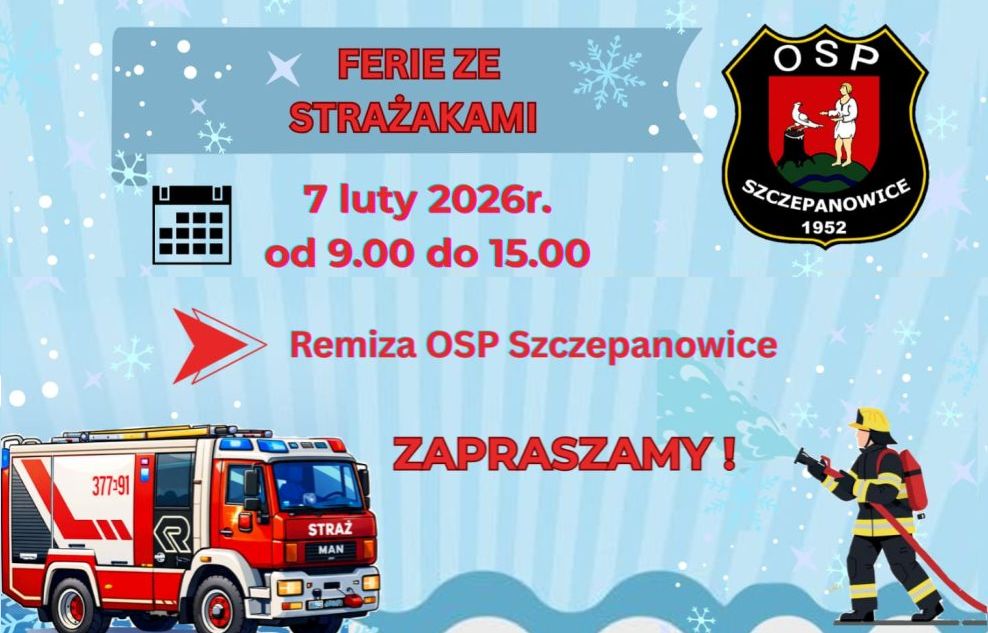 Grafika informacyjna, u góry herb OSP Szczepanowice, na dole bojowy wóz strażacki i strażak trzymający wąż gaśniczy
