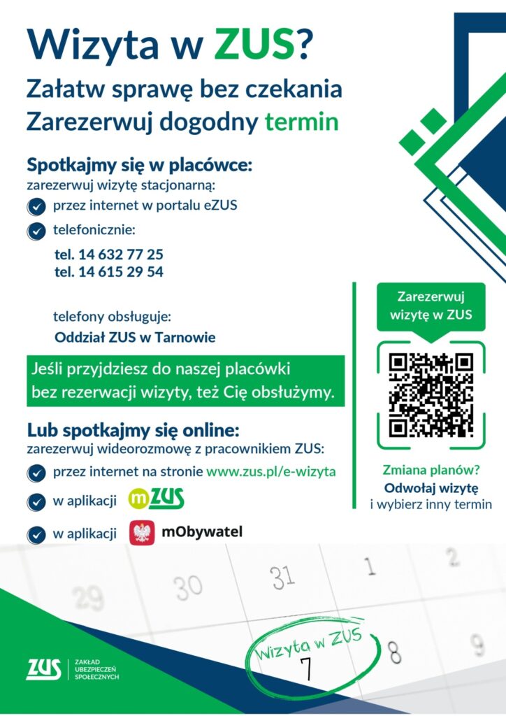 Plakat informacyjny o zasadach rezerwacji terminu wizyty w ZUS