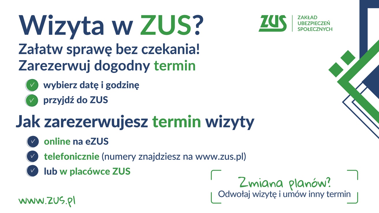 Grafika informacyjna o zasadach rezerwacji terminu wizyty w ZUS