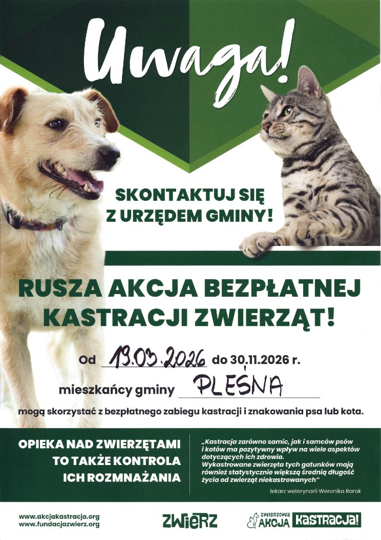 Plakat informacyjny, z lewej strony biały pies, z prawej strony szary kot