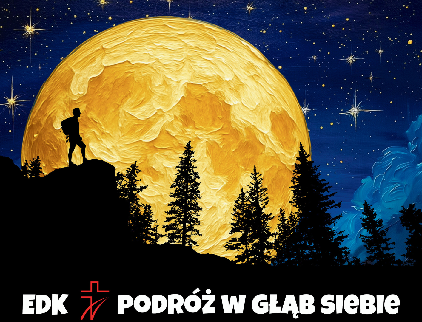 Tekst: "EDK. Podróż w głąb siebie" oraz tło złożone z dużego księżyca oraz skały, na której stoi turysta.