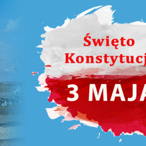 Napis: Święto Konstytucji 3 Maja na tle kształtu Polski w barwach biało - czerwonych. Po lewej stronie zdjęcie pomnika i herb Gminy Pleśna.