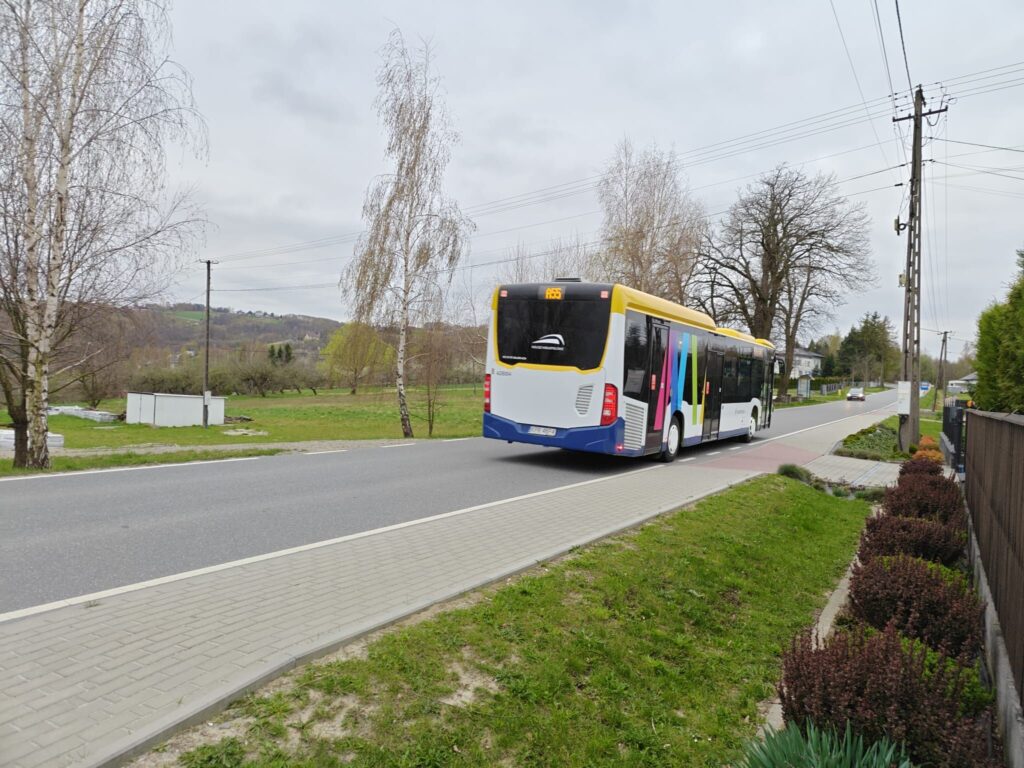 Autobus na drodze wiejskiej. Przy poboczach brzozy i fragment ogrodzenia posesji.