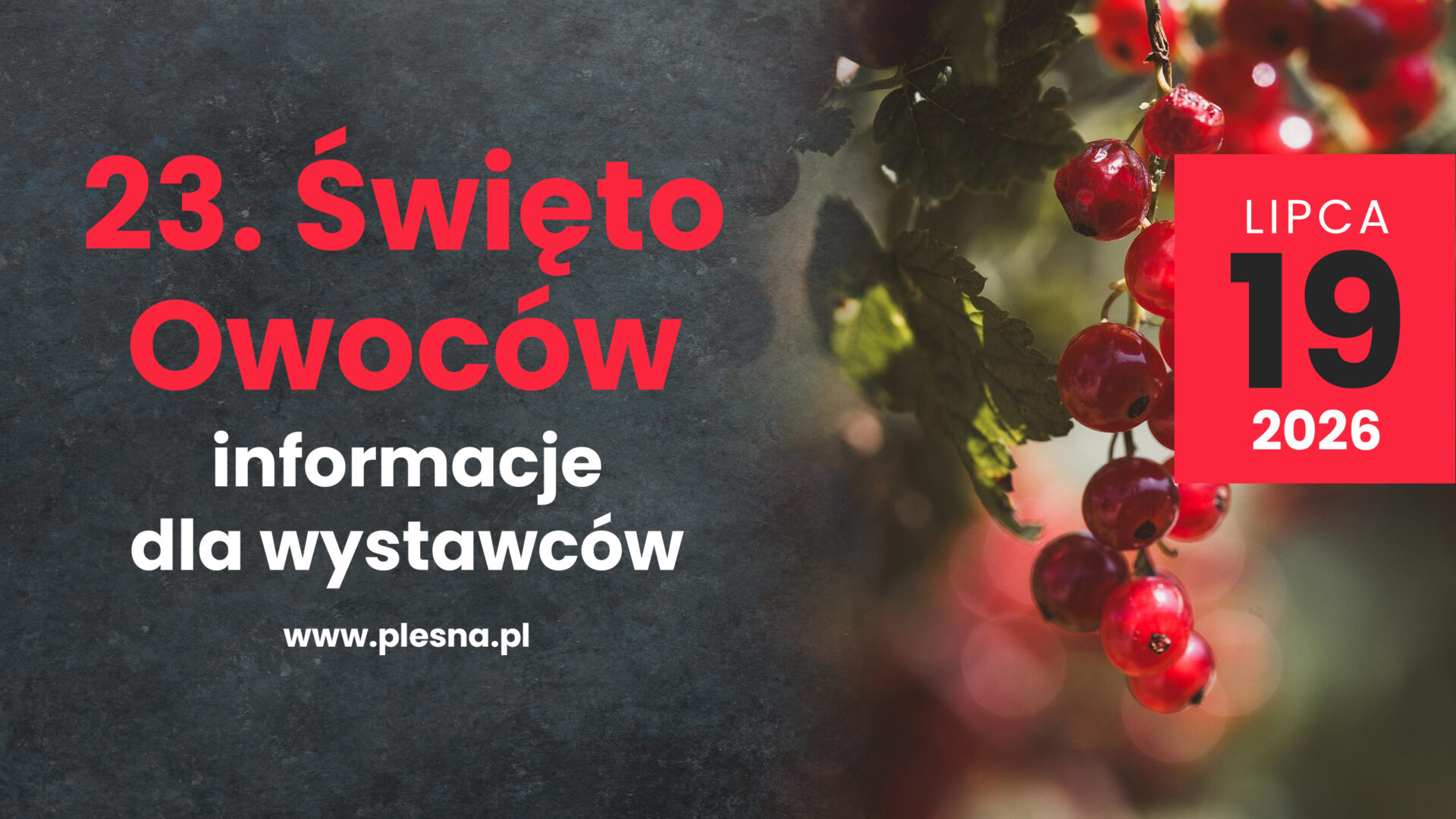 Baner informacyjny dla wystawców podczas 23. Święta Owoców. W tle szarości oraz kiść czerwonej porzeczki.