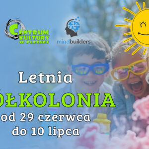 Baner promujący letnią półkolonię od 29 czerwca do 10 lipca. W tle bawiące się dzieci.