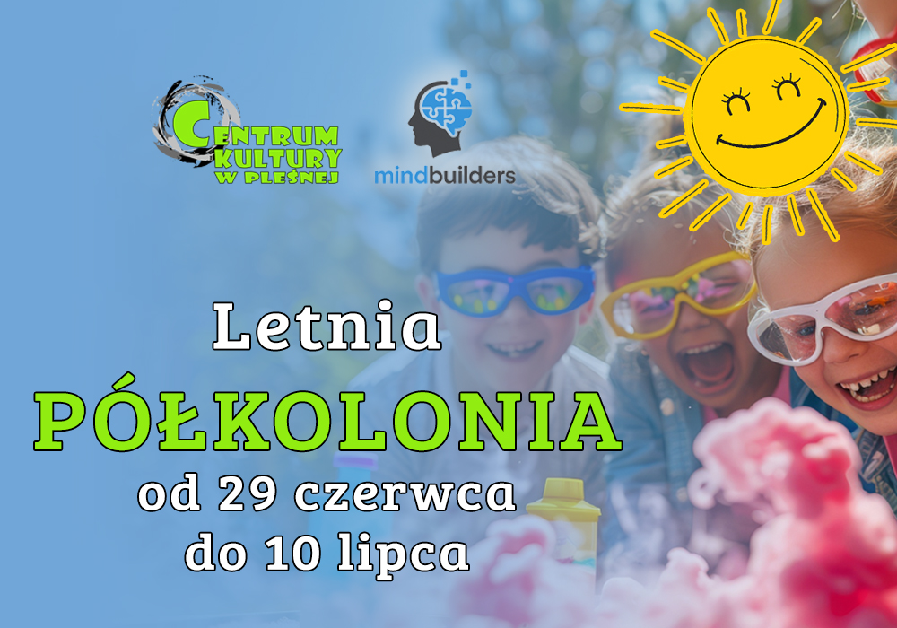 Baner promujący letnią półkolonię od 29 czerwca do 10 lipca. W tle bawiące się dzieci.