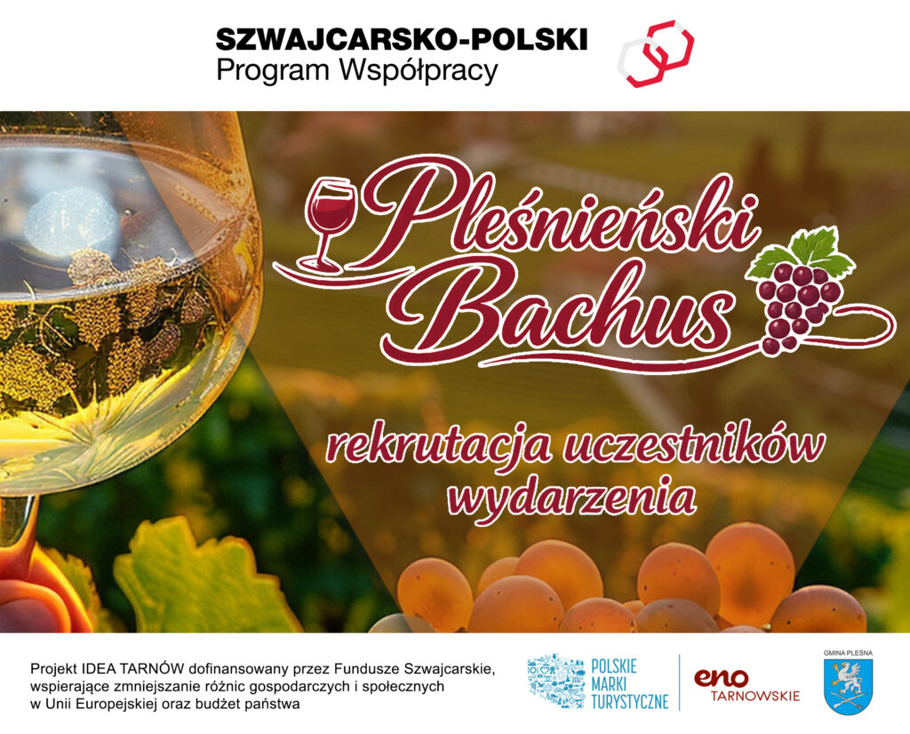 Baner wydarzenia "Pleśnieński Bachus". Rekrutacja uczestników. W tle winogrona i kieliszek z winem.