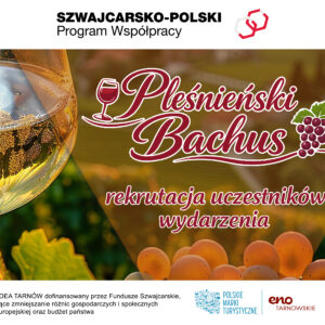 Baner wydarzenia "Pleśnieński Bachus". Rekrutacja uczestników. W tle winogrona i kieliszek z winem.