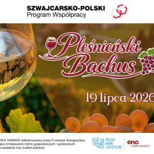 Baner wydarzenia "Pleśnieński Bachus". Rekrutacja uczestników. W tle winogrona i kieliszek z winem.