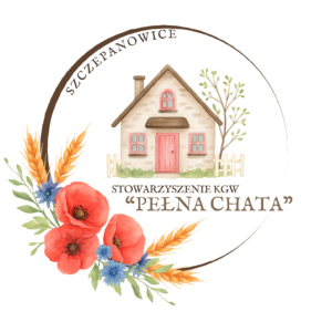 Logo Stowarzyszenia Koło Gospodyń Wiejskich "Pełna Chata" w Szczepanowicach: dom z nazwą stowarzyszenia w okręgu dekorowanym polnymi kwiatami.