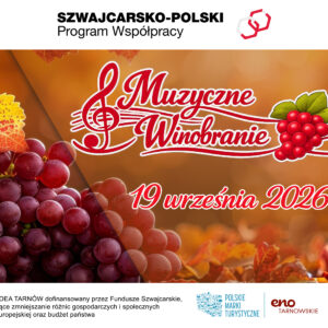 Baner wydarzenia "Muzyczne Winobranie" i napis 19 września 2026. W tle winogrona i jesienne liście.