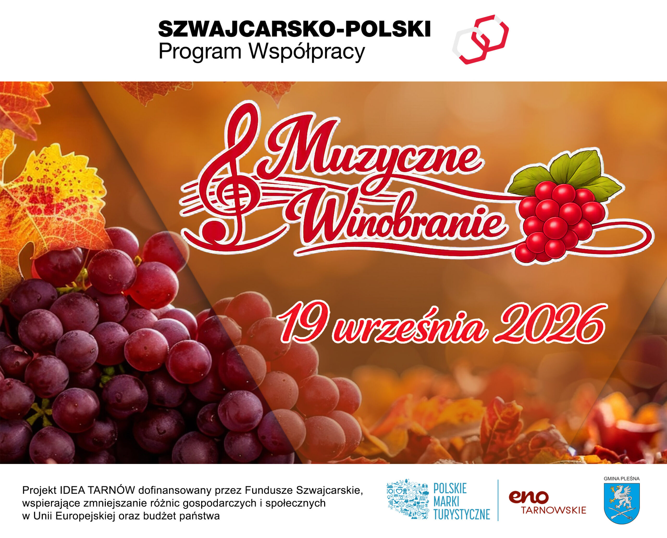 Baner wydarzenia "Muzyczne Winobranie" i napis 19 września 2026. W tle winogrona i jesienne liście.