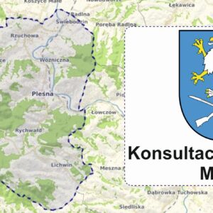 Mapa gminy Pleśna, z lewej strony herb Gminy Pleśna