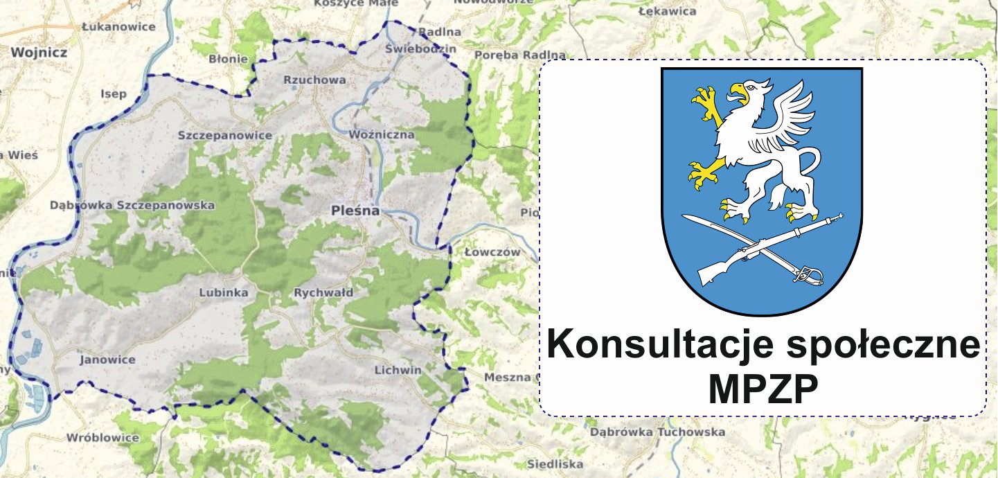 Mapa gminy Pleśna, z lewej strony herb Gminy Pleśna