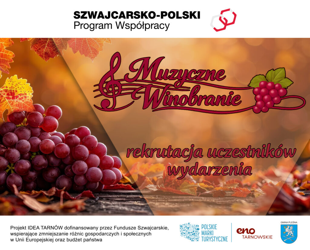 Baner wydarzenia "Muzyczne Winobranie". Rekrutacja uczestników. W tle winogrona i jesienne liście.