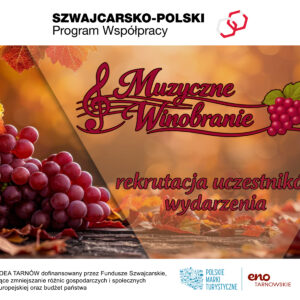 Baner wydarzenia "Muzyczne Winobranie". Rekrutacja uczestników. W tle winogrona i jesienne liście.