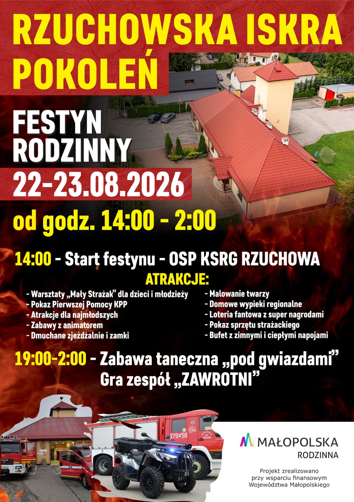 Remiza strażacka w Rzuchowej, na dole samochody strażackie obok remizy