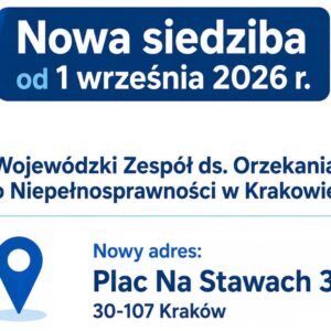 Grafika informacyjna o zmianie siedziby Wojewódzkiego Zespołu do spraw Orzekania o Niepełnosprawności w Krakowie