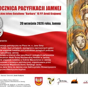 Plakat informacyjny, w tle biało-czerwona flaga, obok wizerunek Matki Bożej z Dzieciątkiem namalowany na drewnie