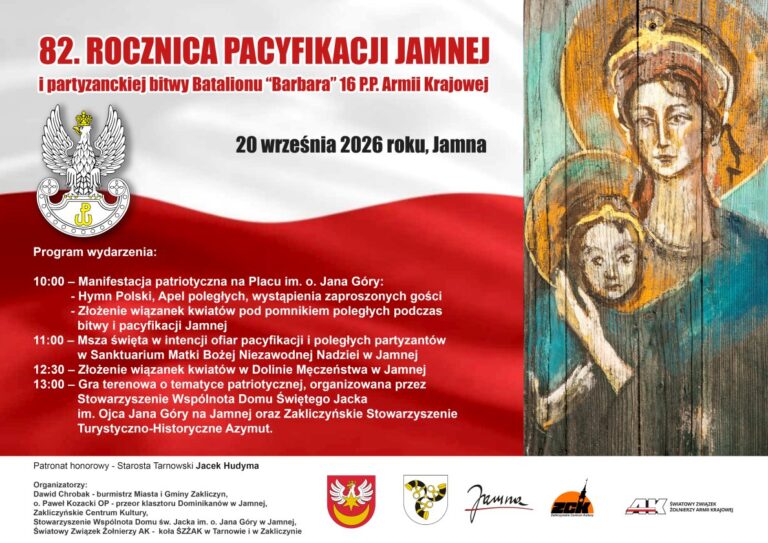Plakat informacyjny, w tle biało-czerwona flaga, obok wizerunek Matki Bożej z Dzieciątkiem namalowany na drewnie