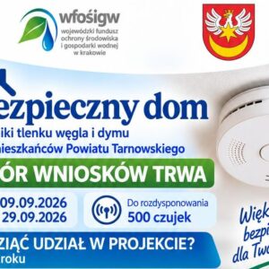 Grafika informacyjna, z lewej strony biały czujnik dymu