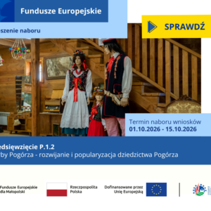Manekiny ubrane w stroje ludowe stoją w drewnianej izbie