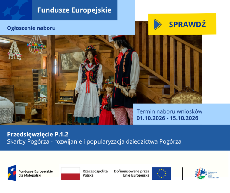 Manekiny ubrane w stroje ludowe stoją w drewnianej izbie