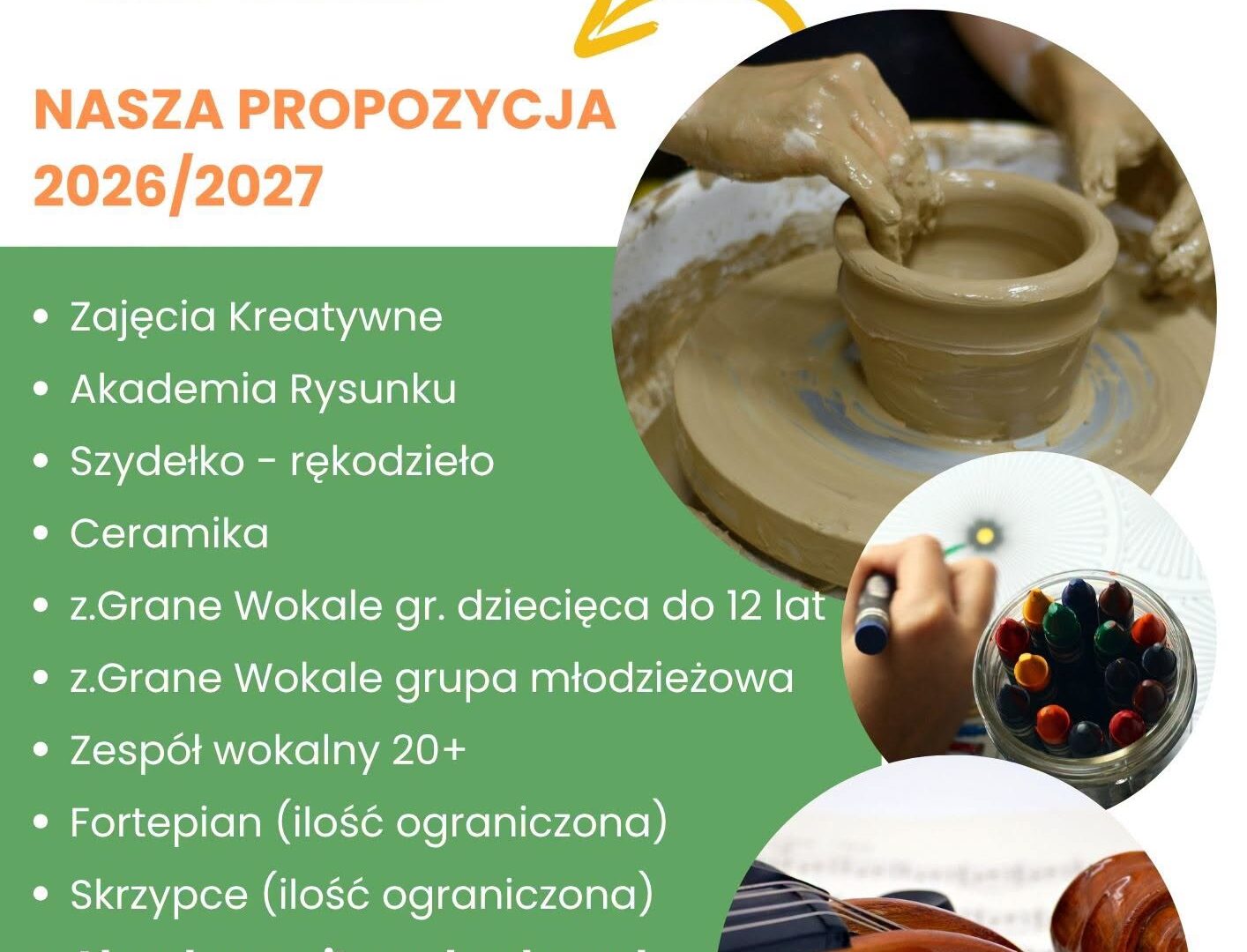 Plakat promujący ofertę zajęć dla dzieci, młodzieży i dorosłych przygotowaną przez Centrum Kultury w Pleśnej. Szczegóły w artykule.