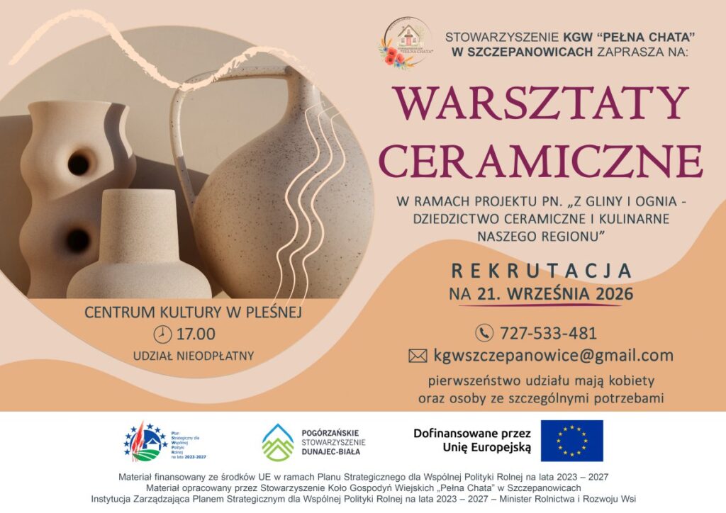 Plakat informacyjny, z lewej strony gliniane dzbany