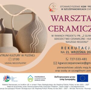 Plakat informacyjny, z lewej strony gliniane dzbany