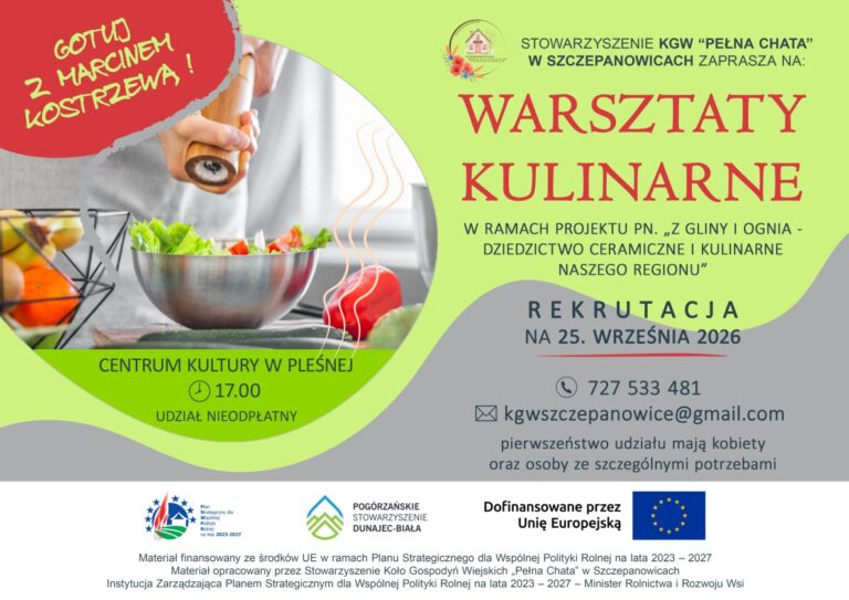 Plakat informacyjny, z lewej strony metalowa misa z sałatką
